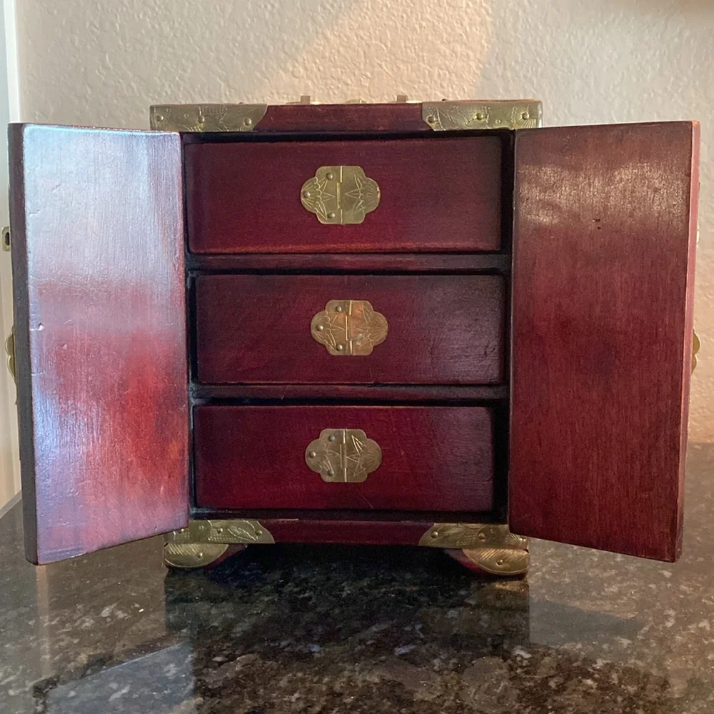 Antique Chinese Rosewood Jade Inlay Brass Hardware Wooden Jewelry Box